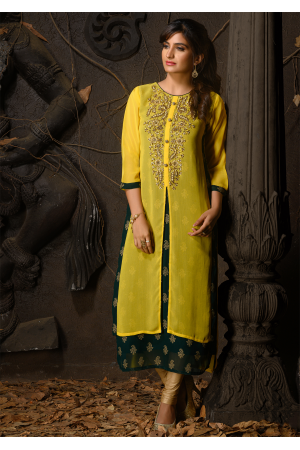 Yellow And Green Color Designer Georgette Kurti